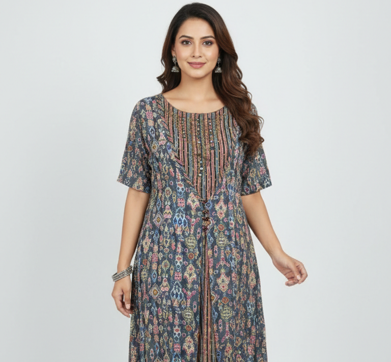 Indo-Western Printed Anarkali Kurta with Mock Jacket Overlay