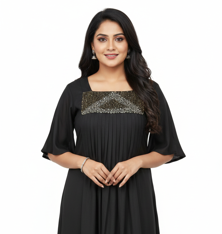 Midnight Black Pleated Kaftan-Style Kurta