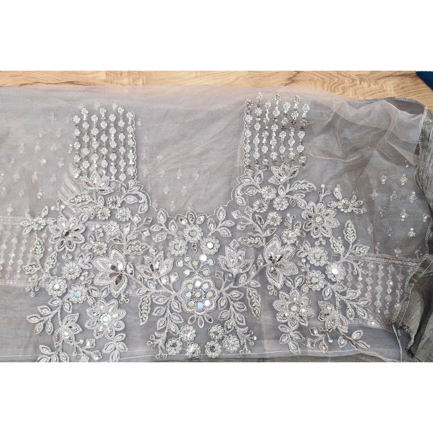 Smoke Grey Embroidered Chiffon Saree