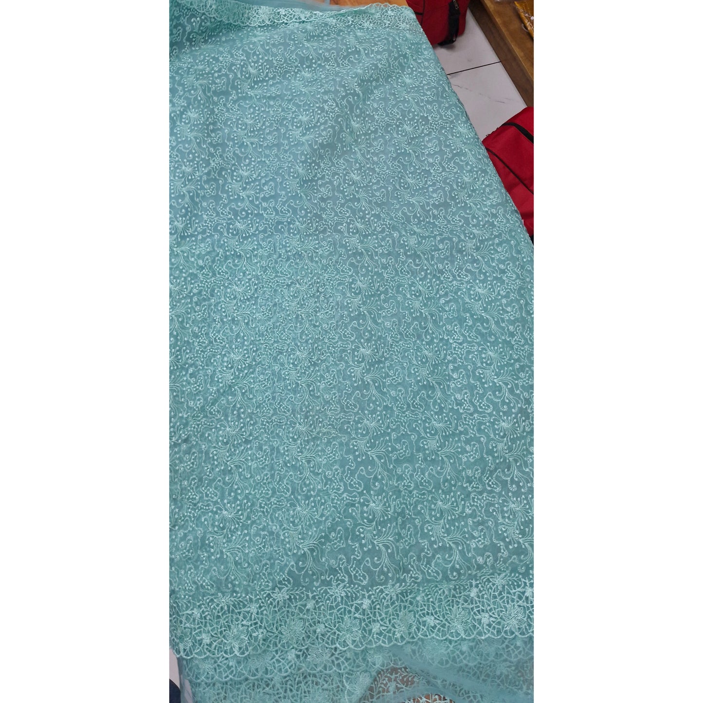Seafoam Green Ethereal Aqua Net Lace Saree