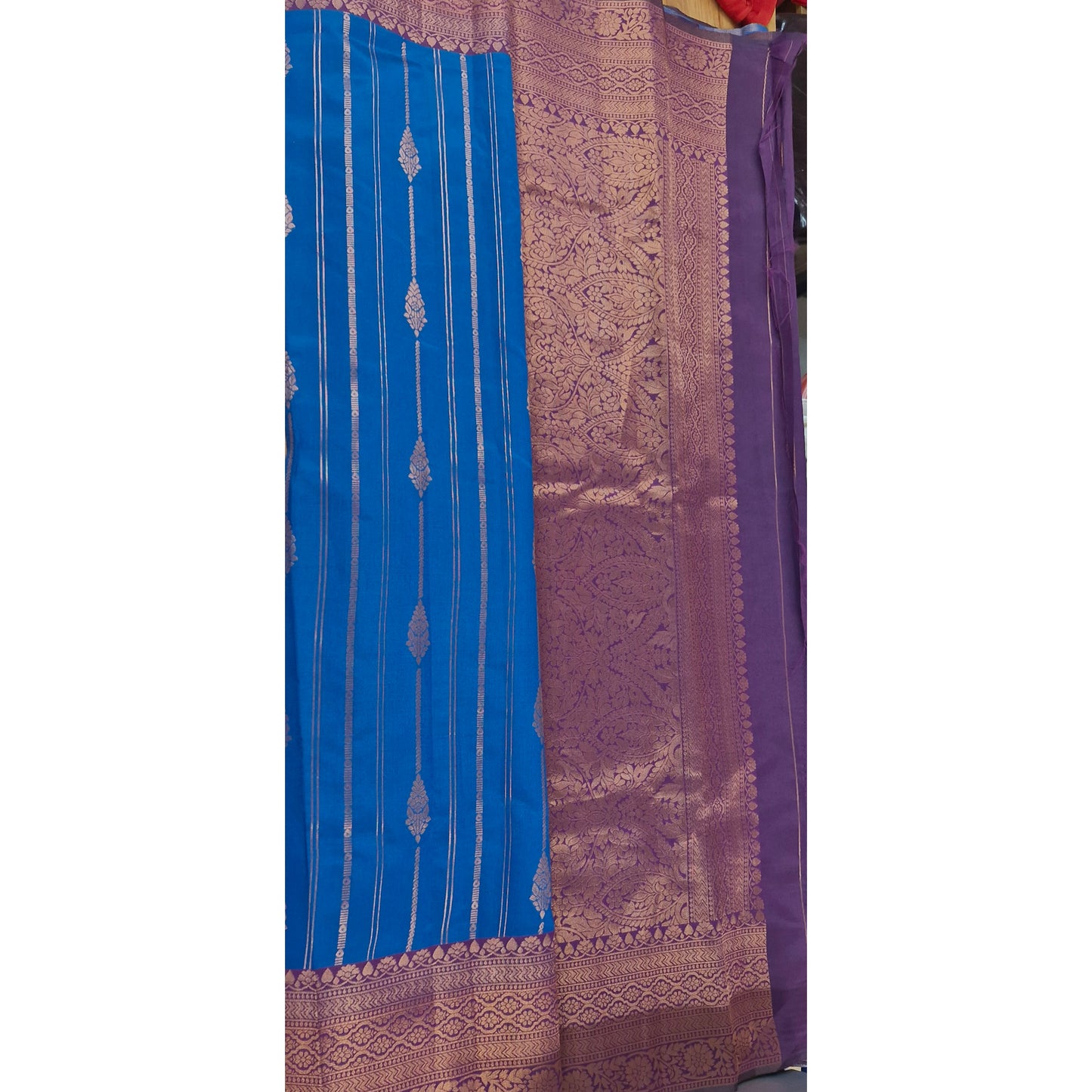 Cerulean Blue Banarasi Silk Saree with Magenta Zari Border