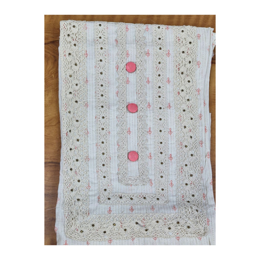 Cream and Rose Pink Embroidered Cotton Churidar Set