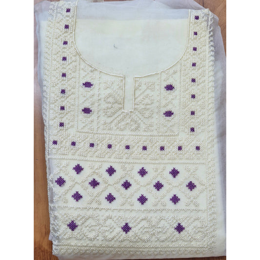 Cream Organza Cross-Stitch Embroidery Churidar Set