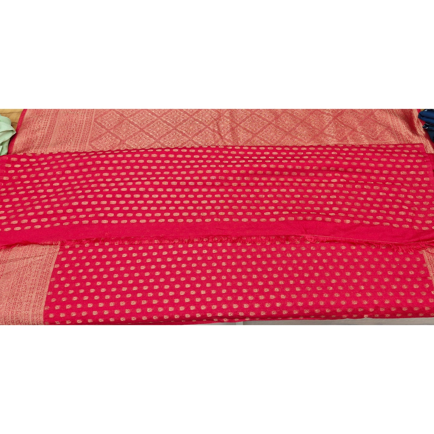 Scarlet Red Banarasi Silk Saree with All-over Intricate Gold Buttas