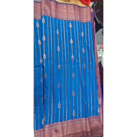 Cerulean Blue Banarasi Silk Saree with Magenta Zari Border