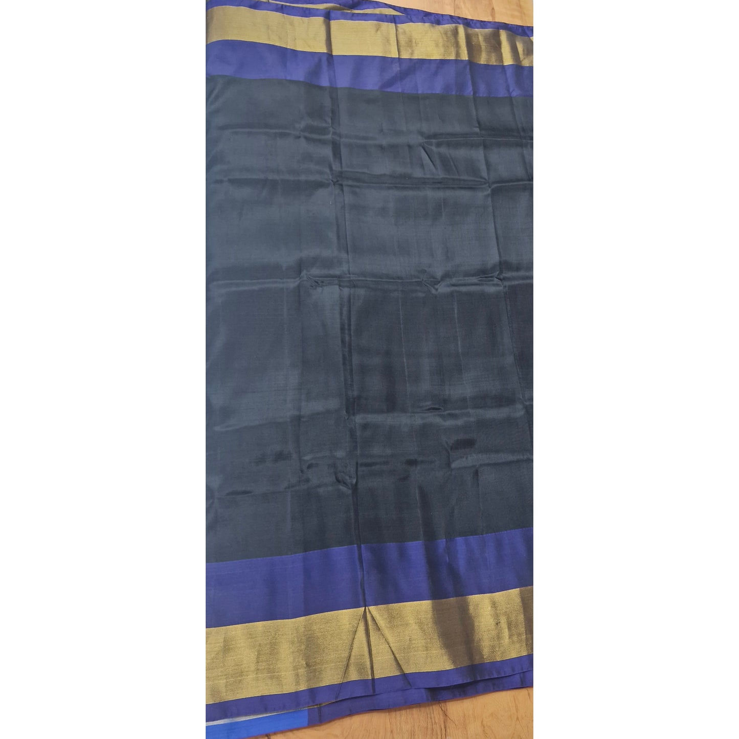 Jet Black Tussar Silk Saree with Antique Gold Zari