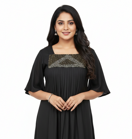 Midnight Black Pleated Kaftan-Style Kurta
