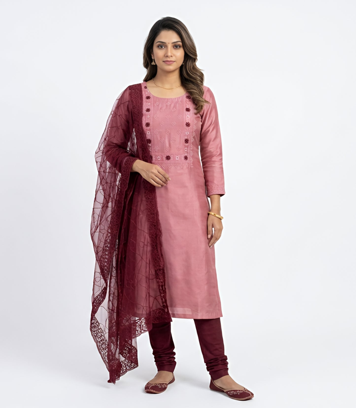 Rose Pink & Maroon Embroidered Churidar Suit
