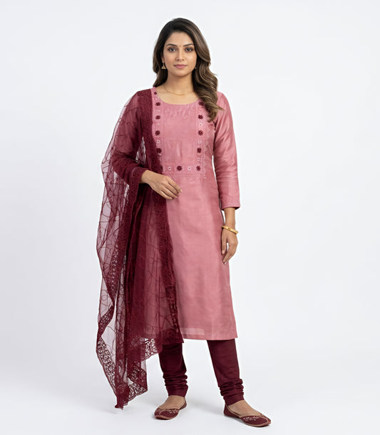 Rose Pink & Maroon Embroidered Churidar Suit