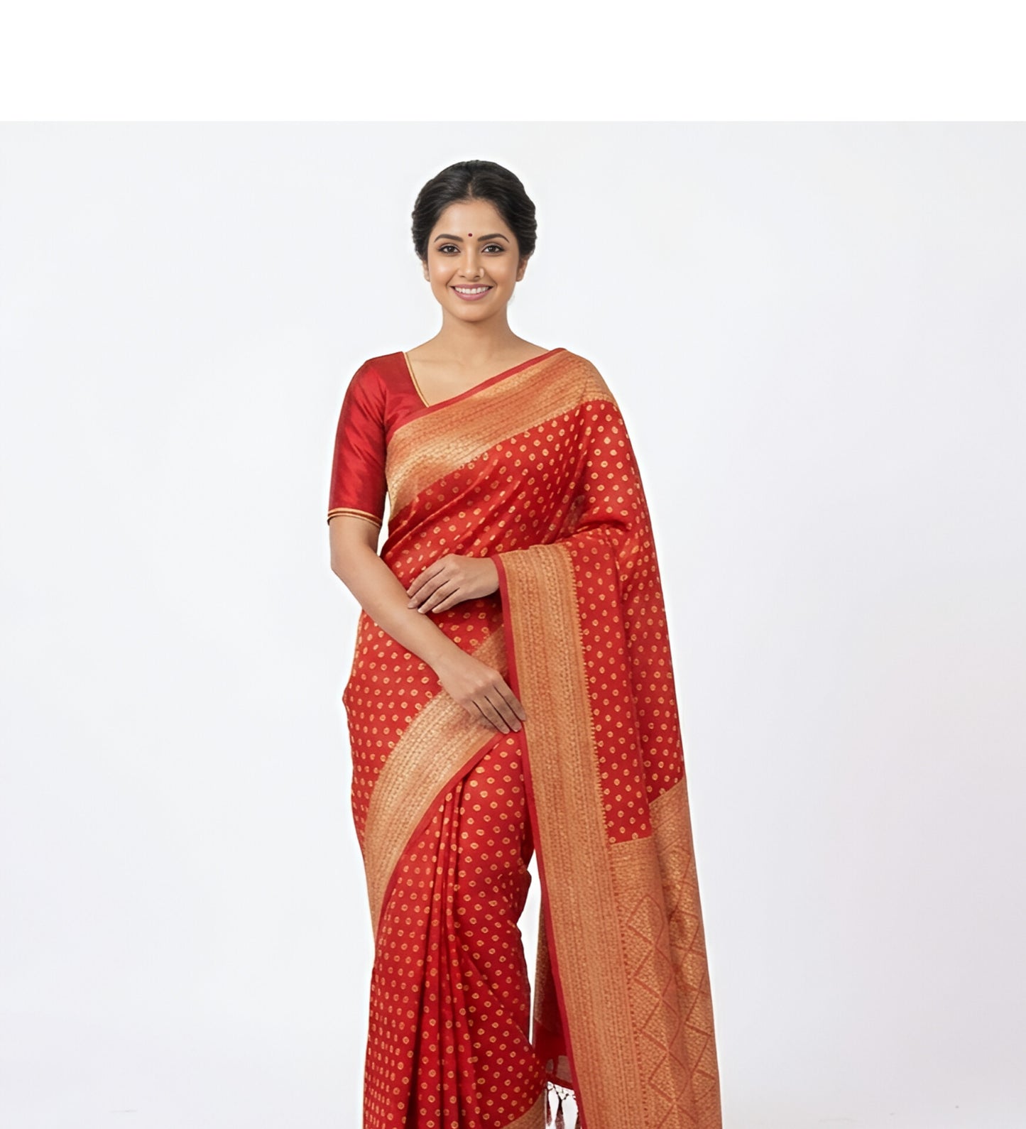 Scarlet Red Banarasi Silk Saree with All-over Intricate Gold Buttas
