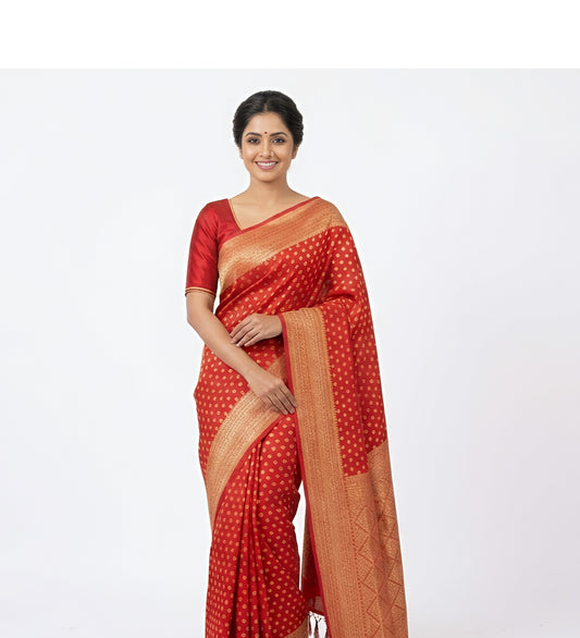 Scarlet Red Banarasi Silk Saree with All-over Intricate Gold Buttas
