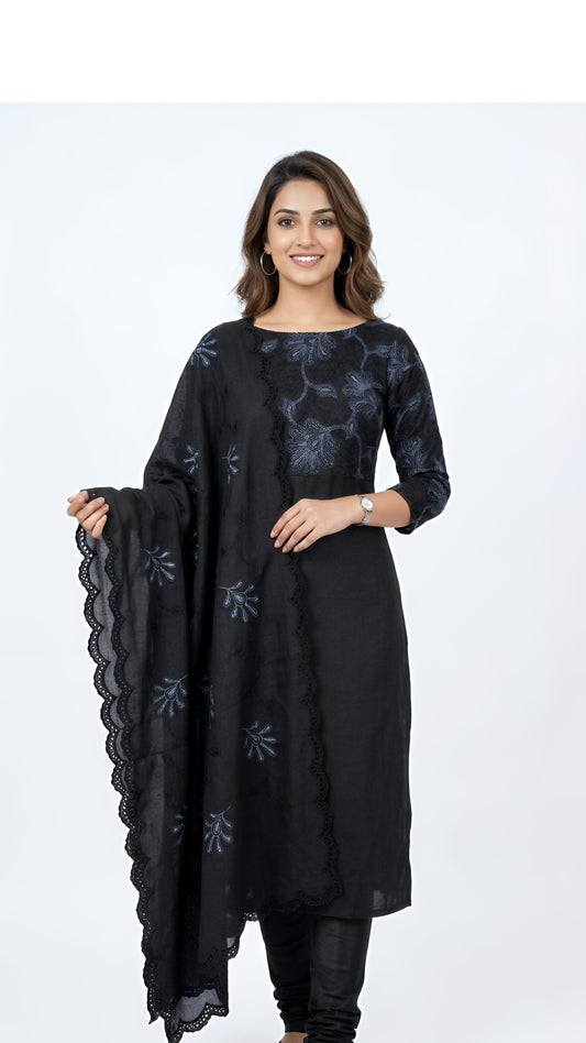 Ebony Black Embroidered Churidar Set