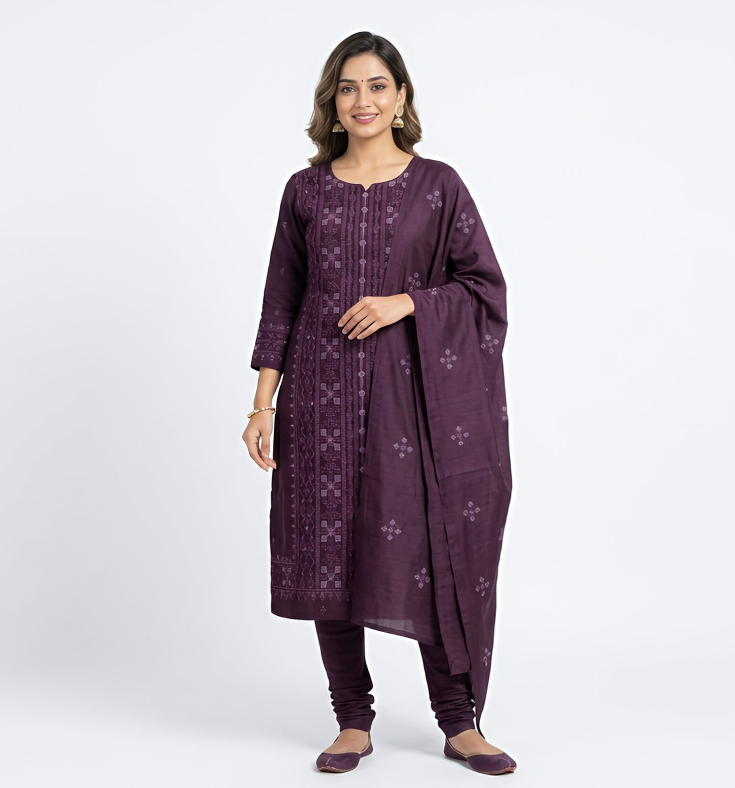 Deep Plum Embroidered Churidar Set