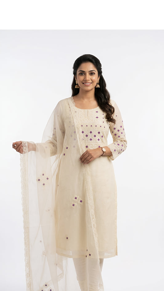 Cream Organza Cross-Stitch Embroidery Churidar Set