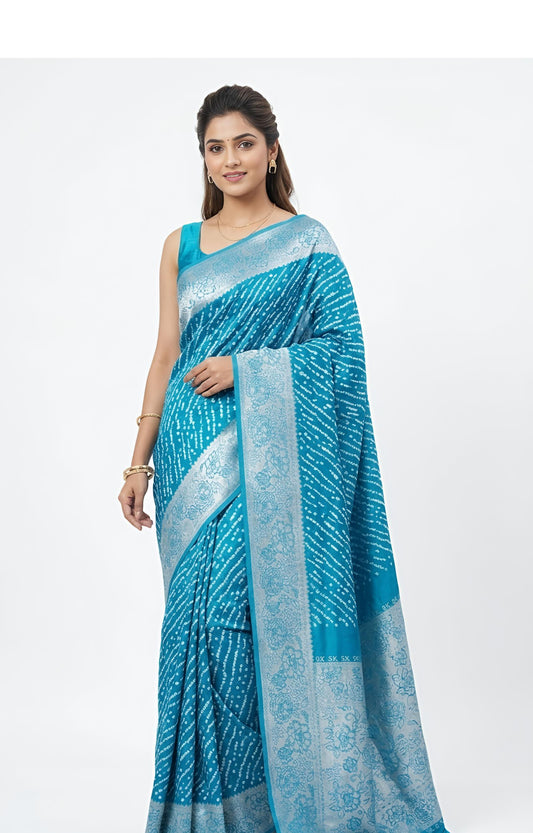 Cerulean Bandhani-Style Banarasi Silk Saree