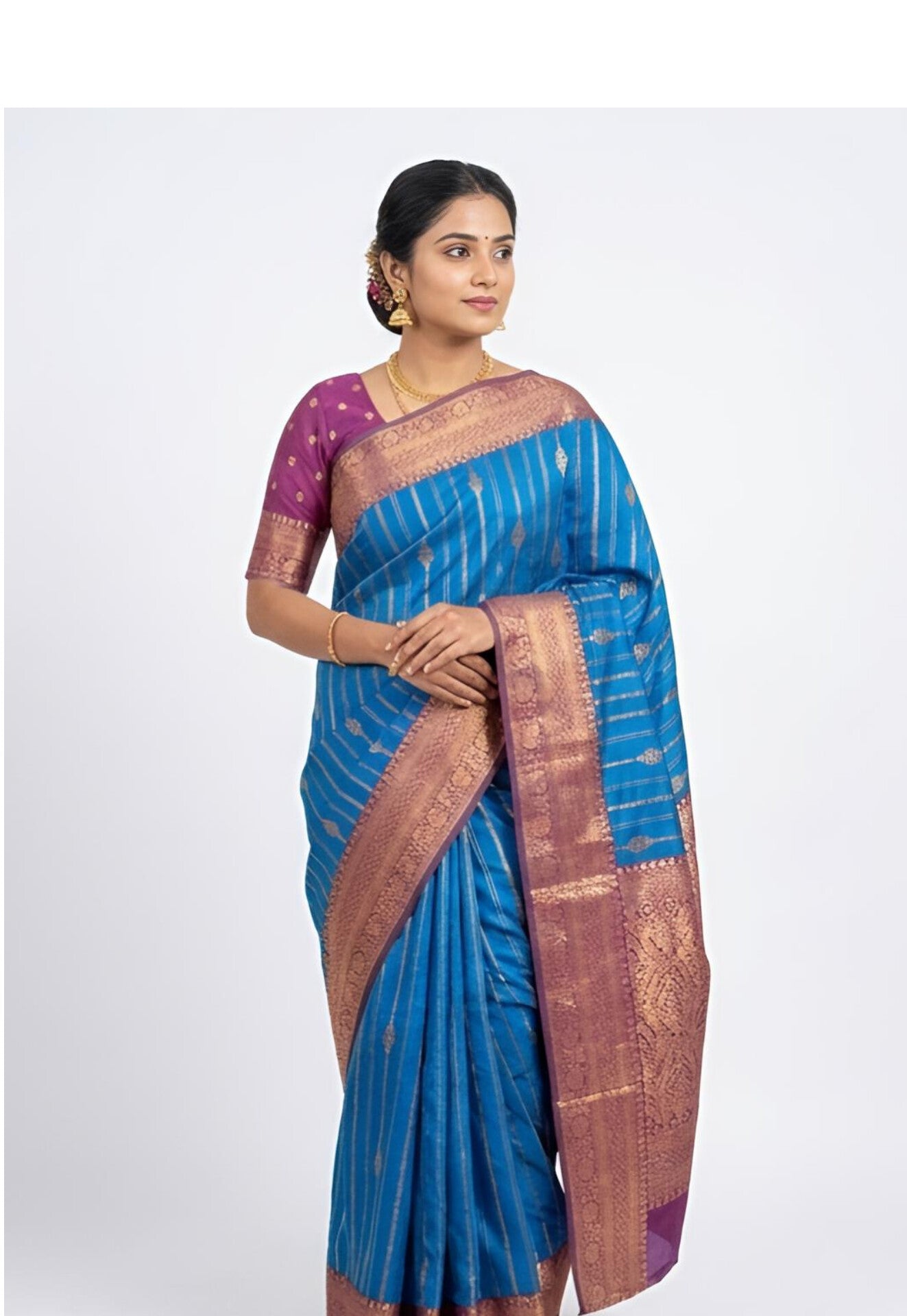 Cerulean Blue Banarasi Silk Saree with Magenta Zari Border