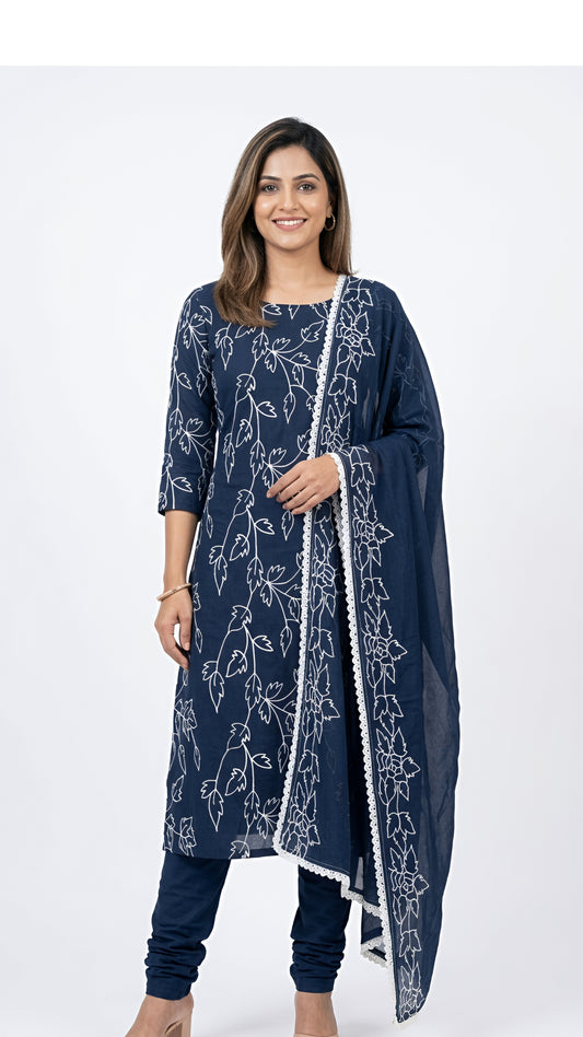 Navy Blue Botanical Line-Art Churidar Suit