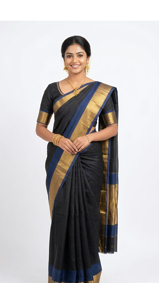 Jet Black Tussar Silk Saree with Antique Gold Zari