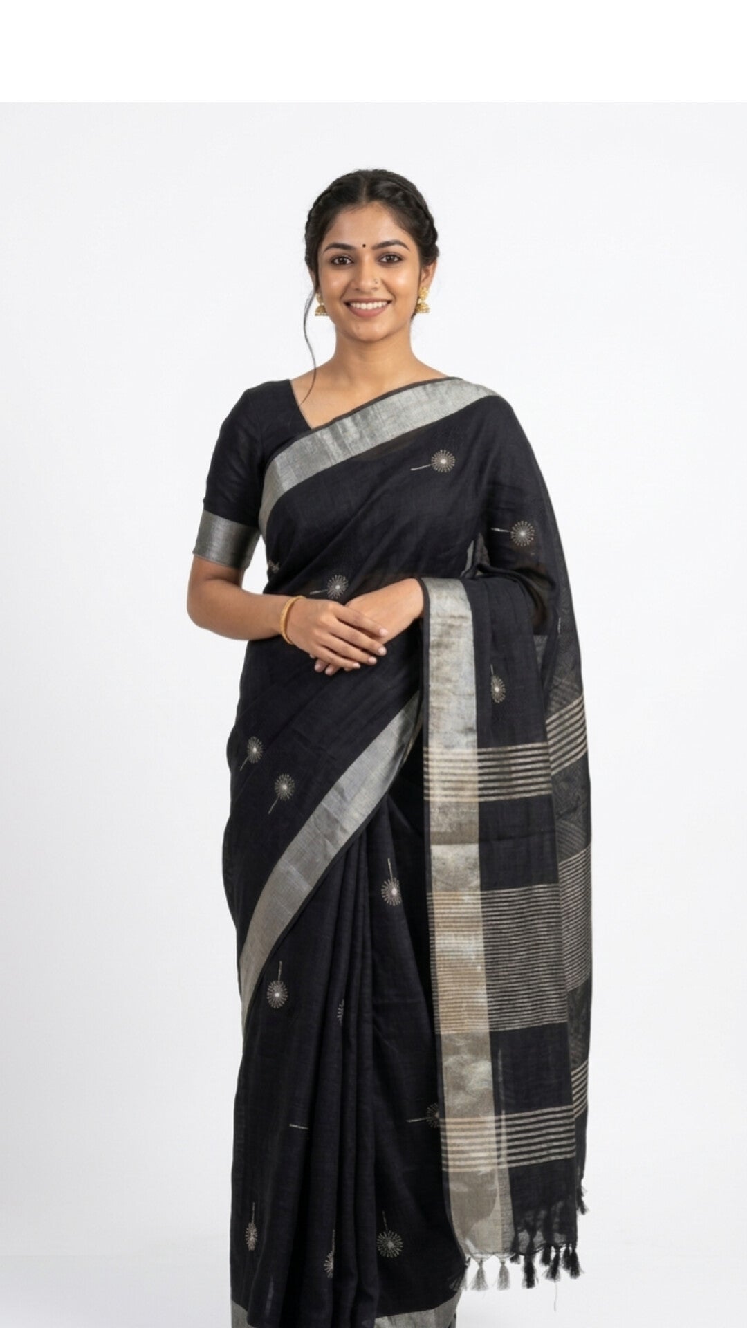 Charcoal Linen Saree with Silver Zari & Hand-Knotted Tassels