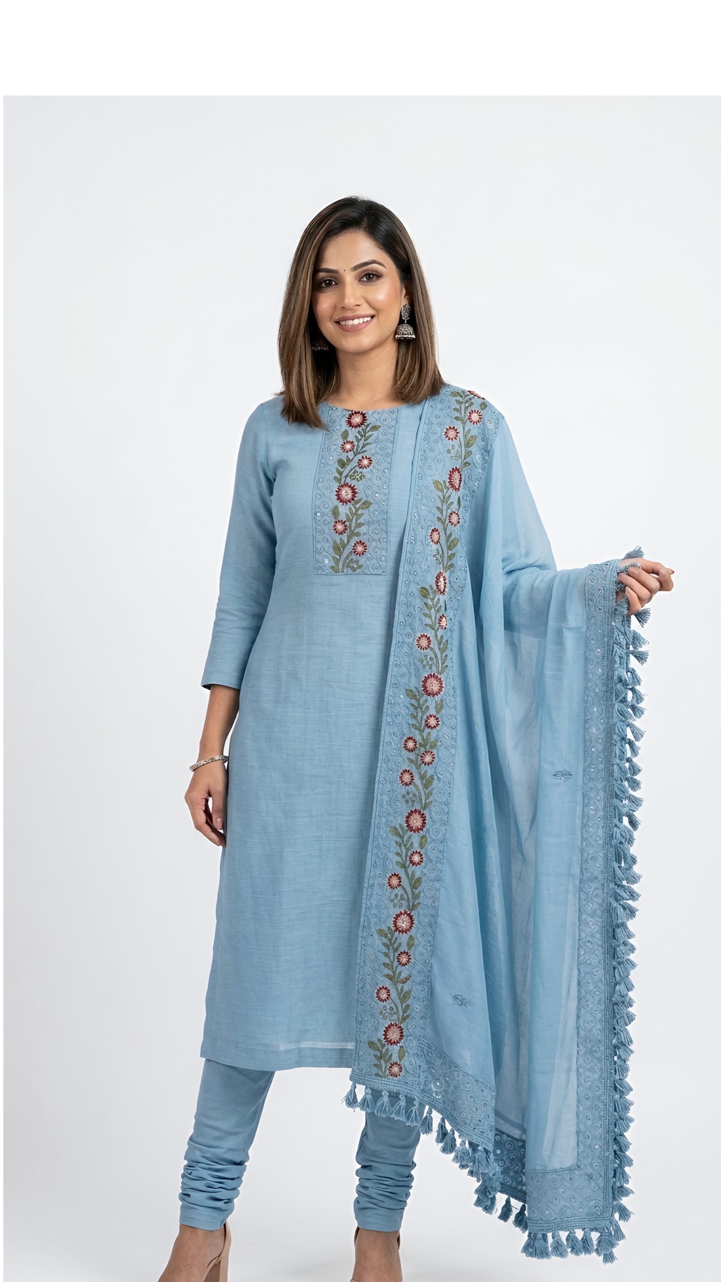 Powder Blue Floral Embroidered Churidar Suit