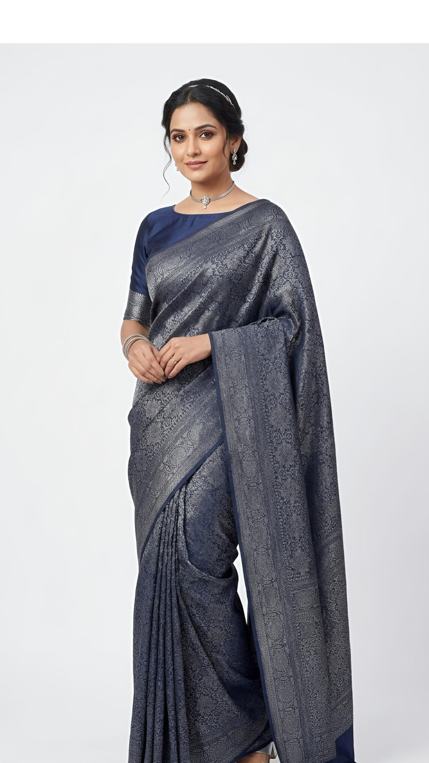 Deep Navy Blue with Antique Silver Midnight Azure Banarasi Silk Saree