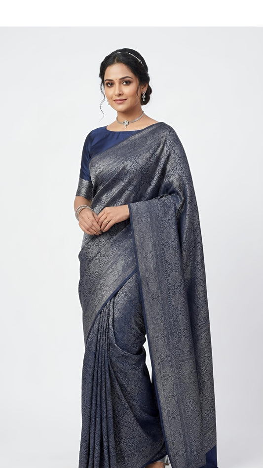 Deep Navy Blue with Antique Silver Midnight Azure Banarasi Silk Saree