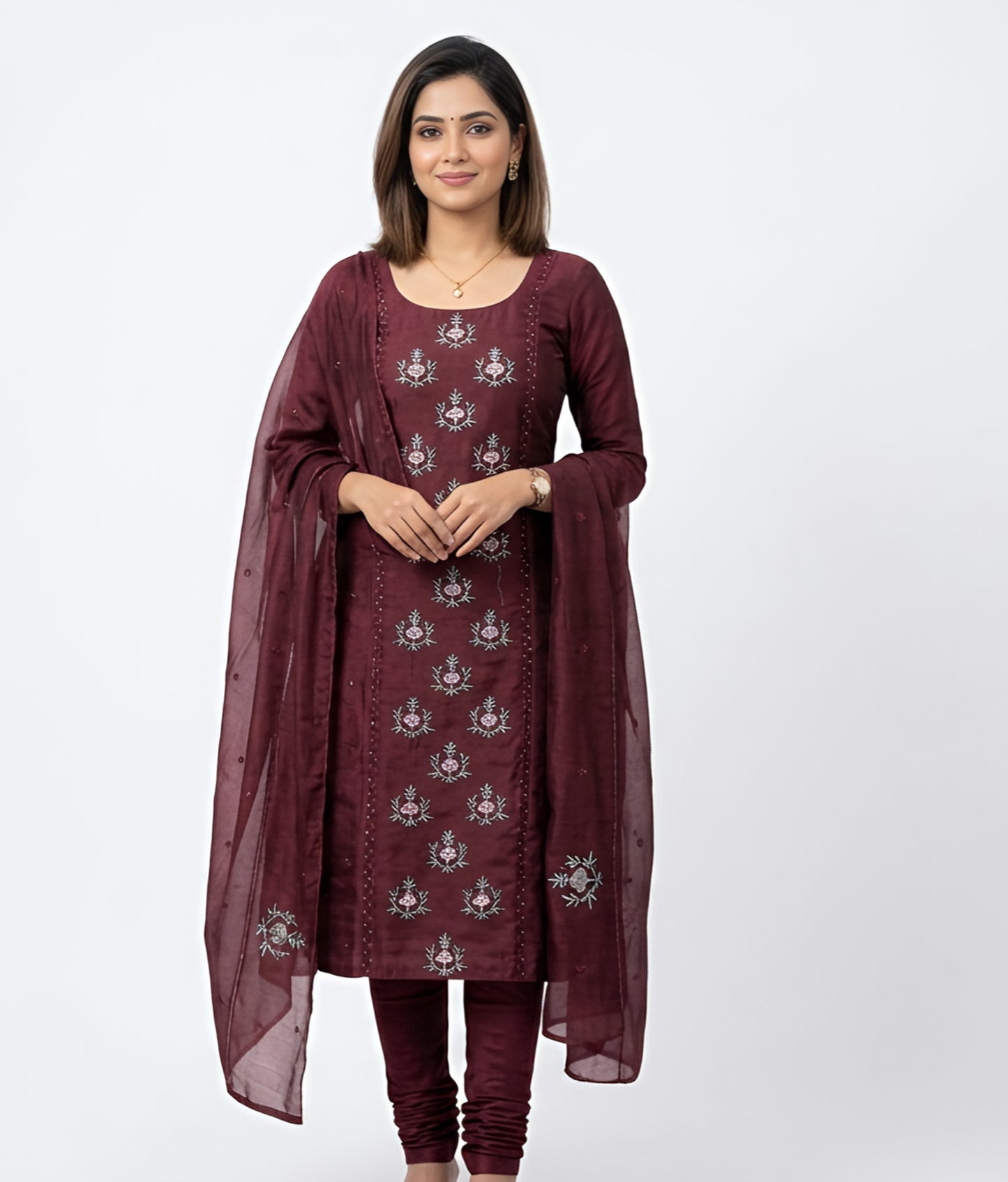 Aura Bloom Dark Maroon Churidar Set