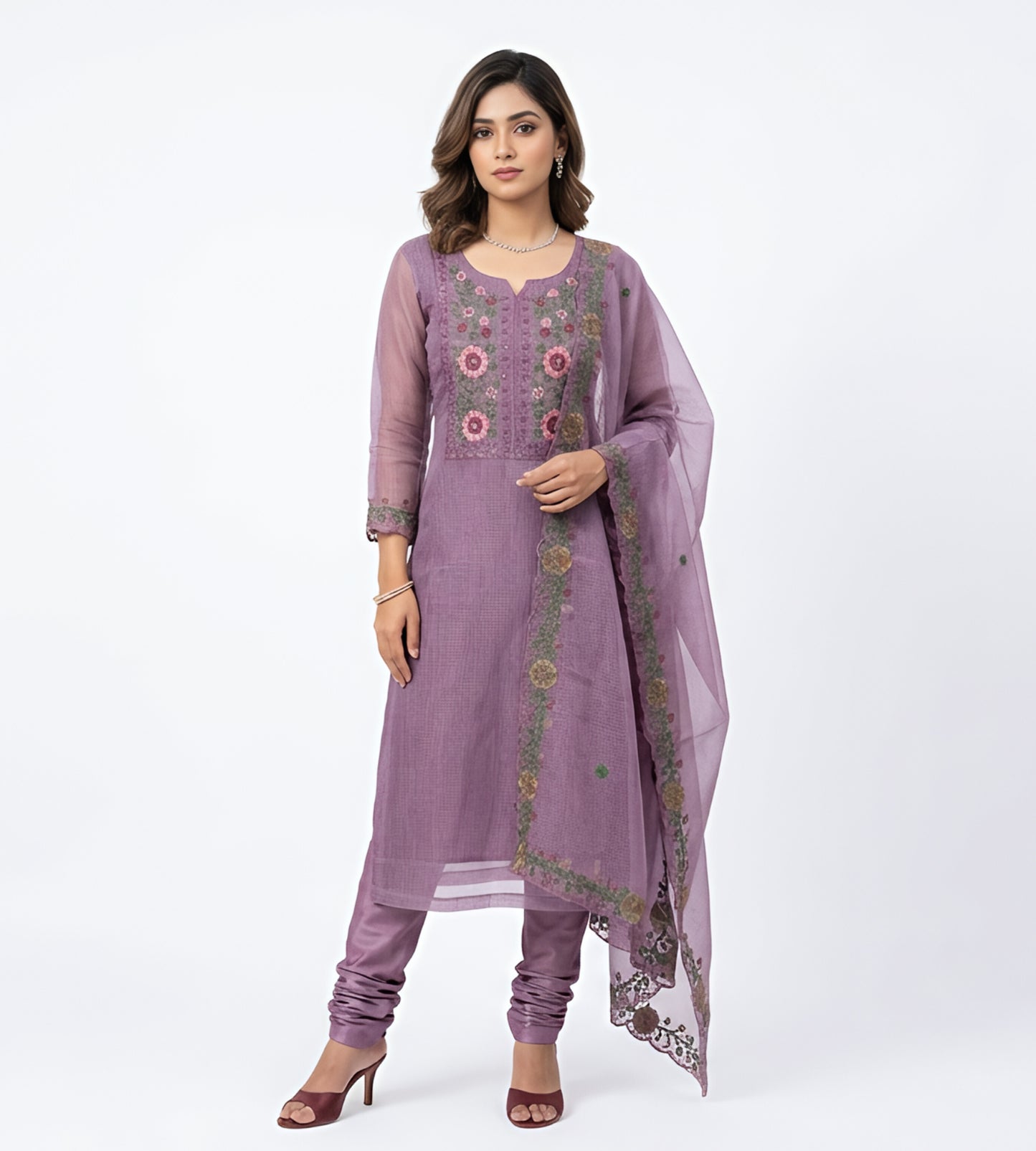 Dusty Mauve Floral Embroidered Churidar Set