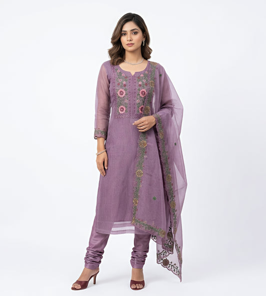 Dusty Mauve Floral Embroidered Churidar Set