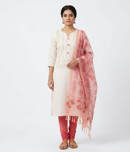 Cream and Rose Pink Embroidered Cotton Churidar Set