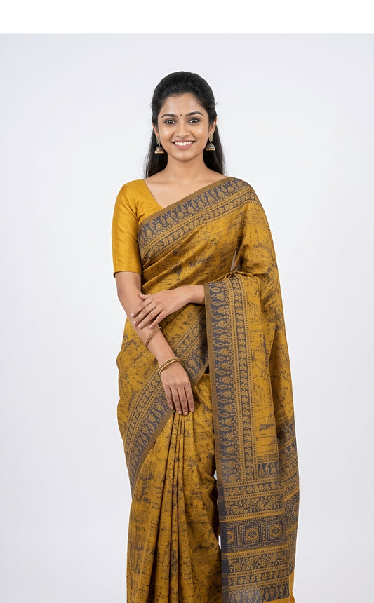 Mustard Yellow Ajrakh Hand-Block Printed Cotton Saree