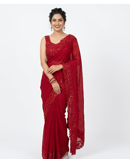 Ruby Red Crimson Radiance Georgette Saree