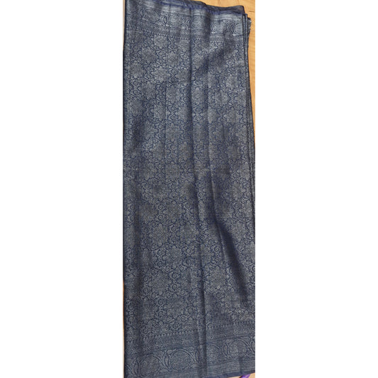 Deep Navy Blue with Antique Silver Midnight Azure Banarasi Silk Saree