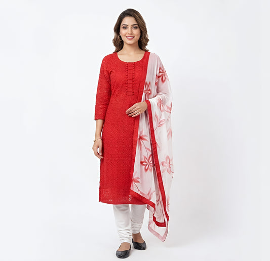 Crimson Red Chikankar Churidar Set