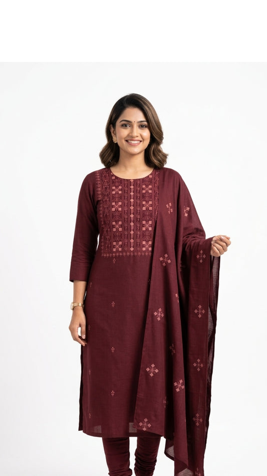 Dark Maroon Embroidered Churidar