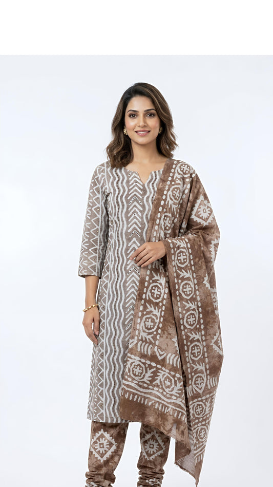 Mocha Brown Batik Print Churidar Set