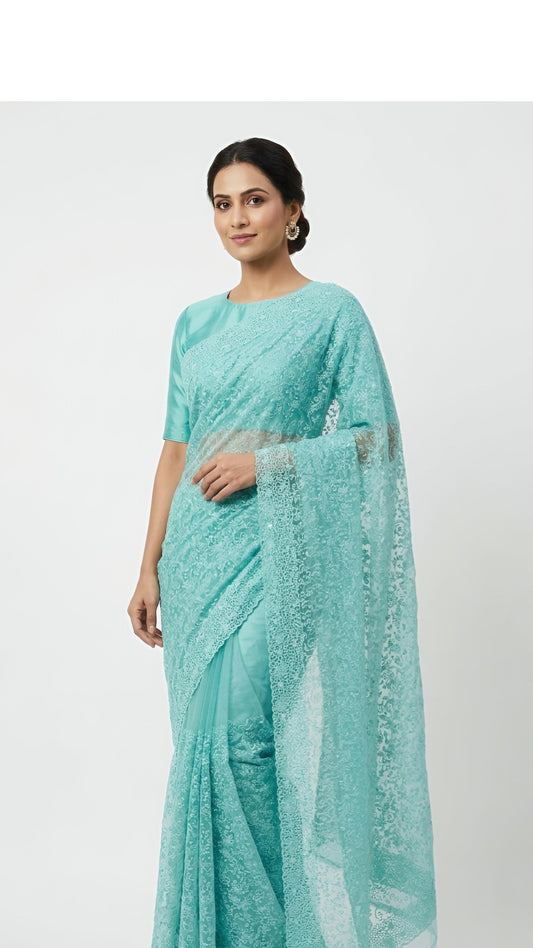 Seafoam Green Ethereal Aqua Net Lace Saree