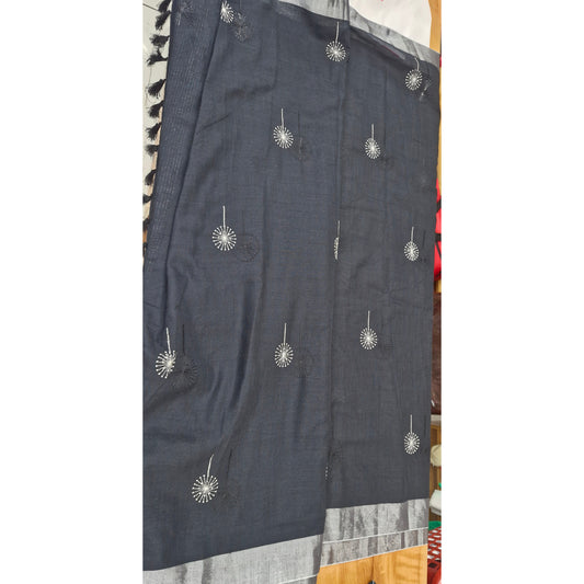 Charcoal Linen Saree with Silver Zari & Hand-Knotted Tassels