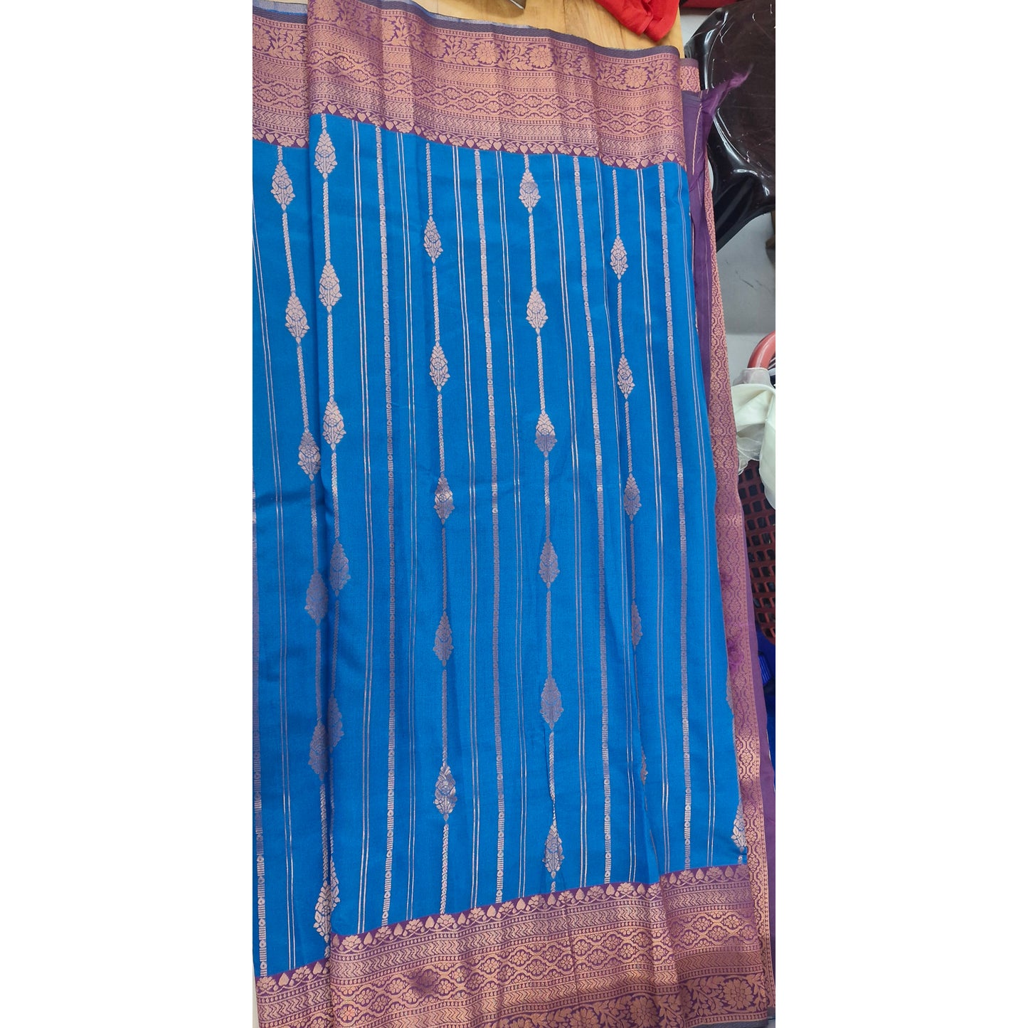 Cerulean Blue Banarasi Silk Saree with Magenta Zari Border