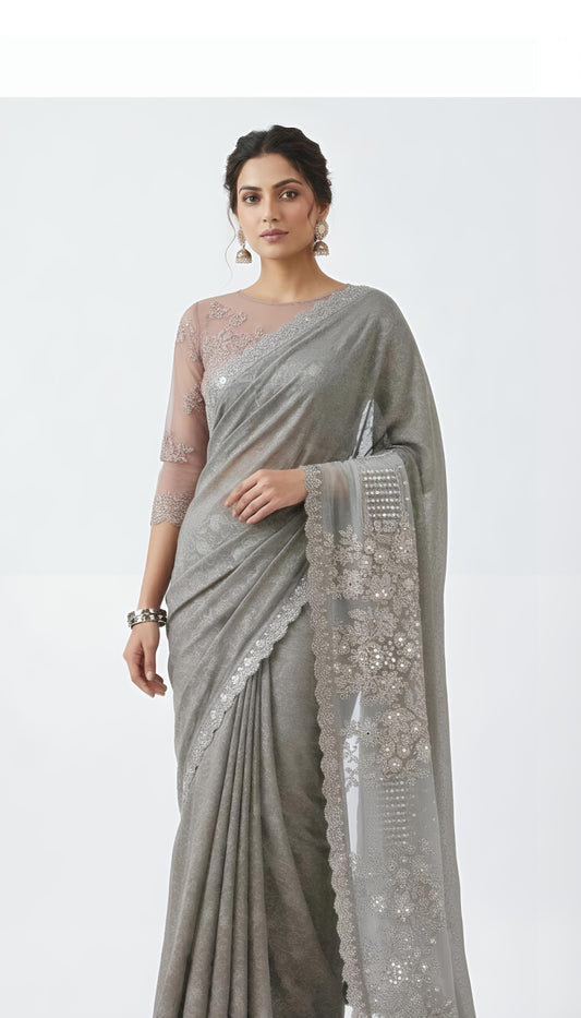 Smoke Grey Embroidered Chiffon Saree